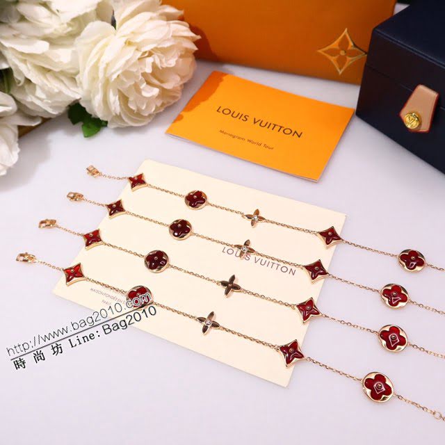Louis Vuitton純銀飾品 路易威登限定天然紅玉髓五花手鏈 LV玫瑰金四葉草可調節手鏈  zglv2199